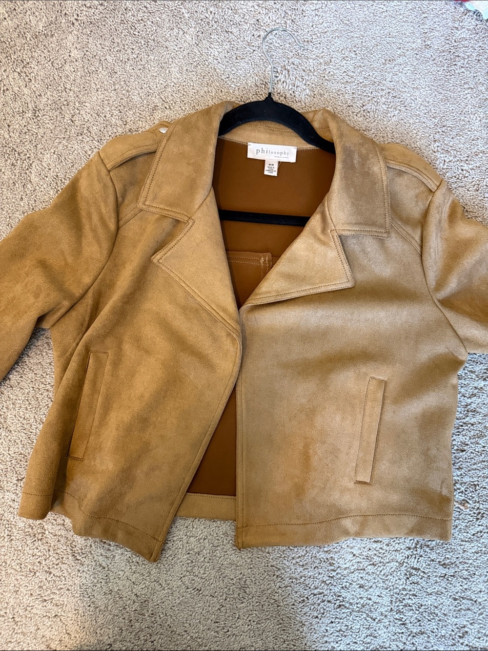 Philosophy soft faux suede moto jacket in camel - Picture 11 of 13